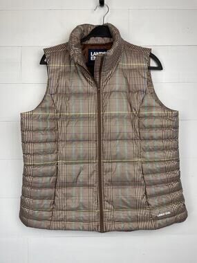 Lands' End Women's Down Puffer Vest Size L 14-16 Brown Plaid Full Zip 518679